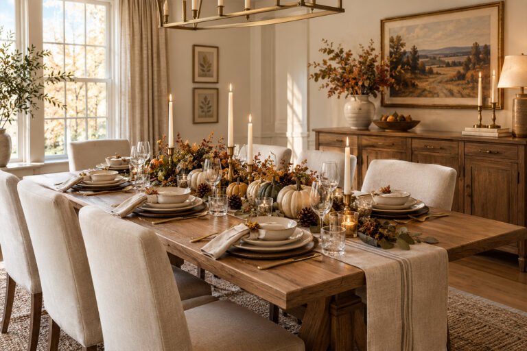 Elegant Thanksgiving dining room with a naturally styled autumn table