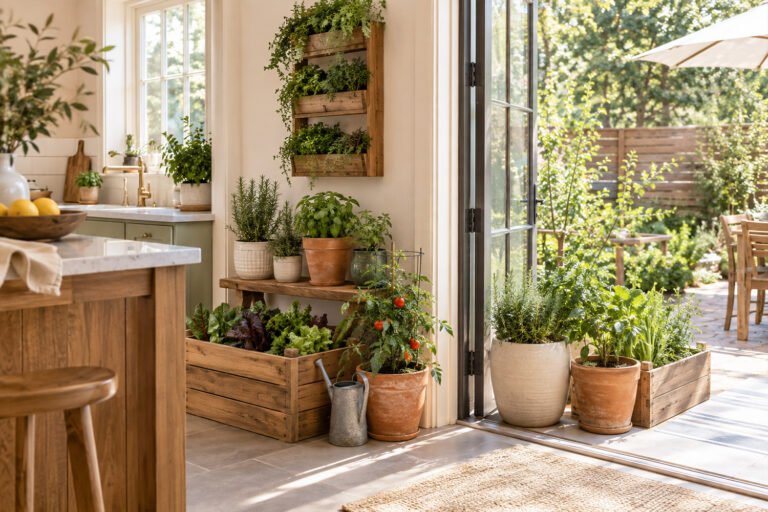 DIY kitchen garden with herbs, vegetables, wooden planters, and vertical gardening in a sunny home