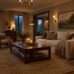 Layered living room lighting with lamps, sconces, candles, and warm evening illumination