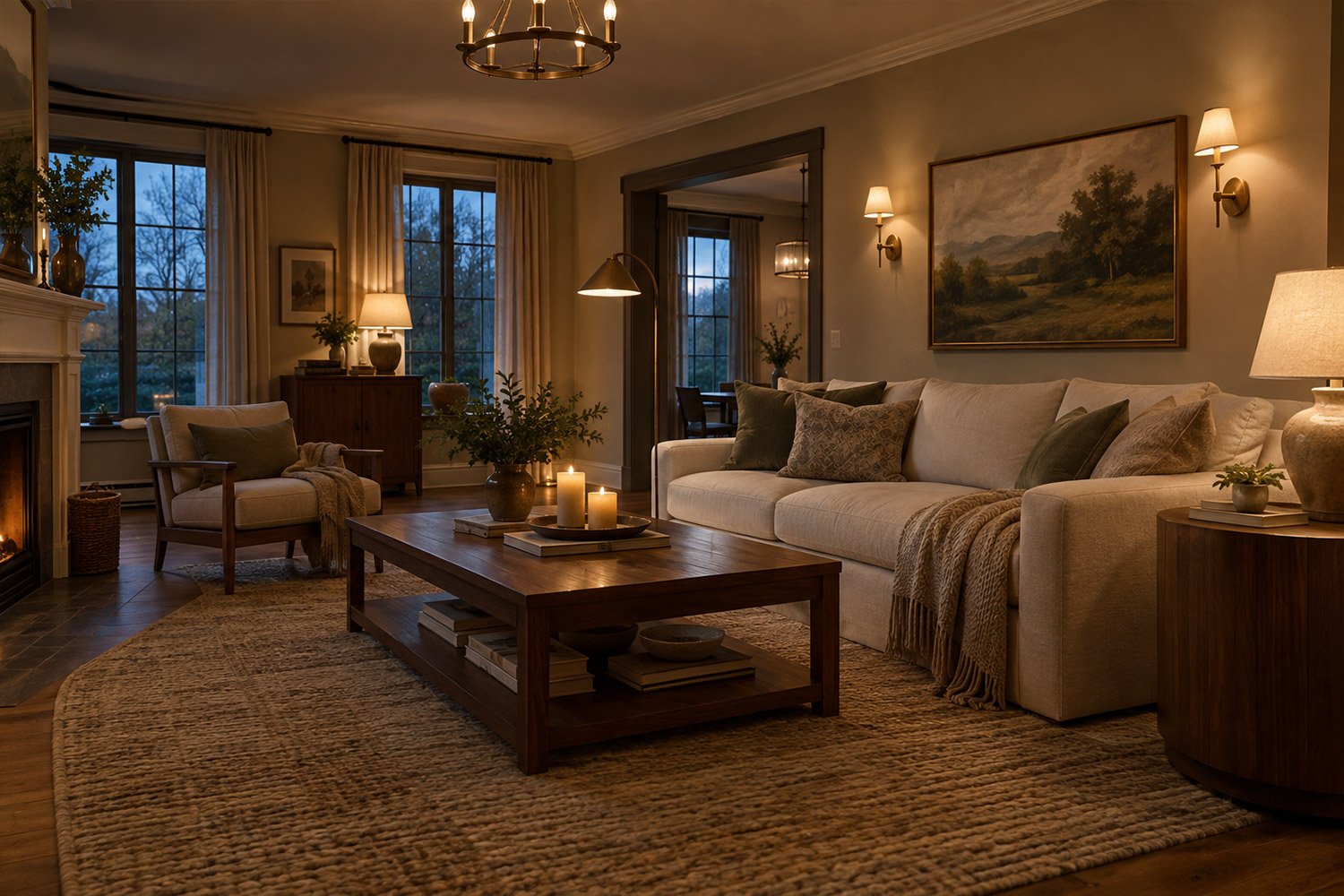 Layered living room lighting with lamps, sconces, candles, and warm evening illumination