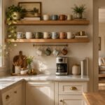 12 mug display ideas featuring ceramic mugs on open kitchen shelves, hooks, and a cozy coffee station