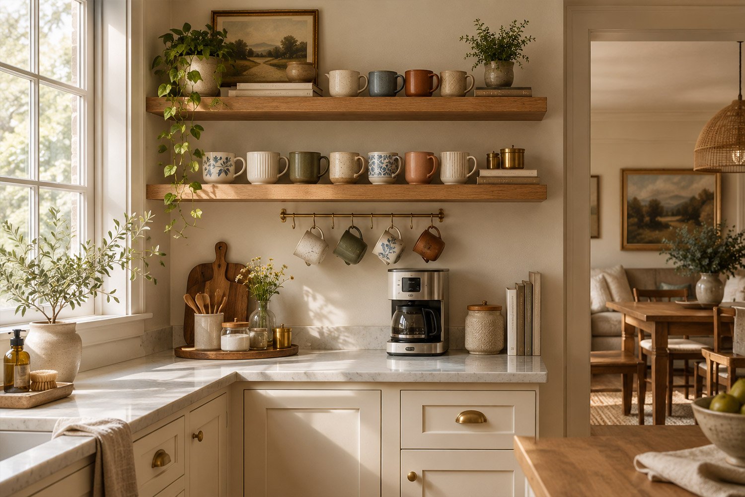 12 mug display ideas featuring ceramic mugs on open kitchen shelves, hooks, and a cozy coffee station
