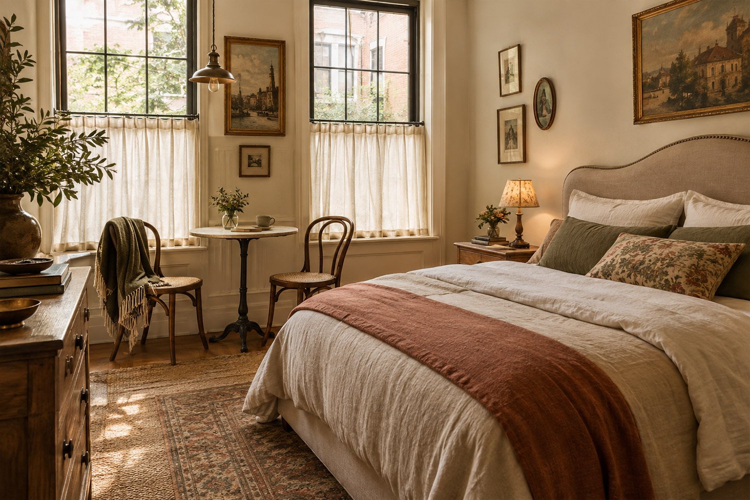 Cozy European café inspired bedroom with linen bedding, café curtains, vintage furniture, warm lighting, and bistro-style decor
