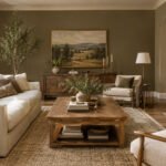 Elegant American living room with warm painted walls, cream sofa, natural wood furniture, and sophisticated neutral decor
