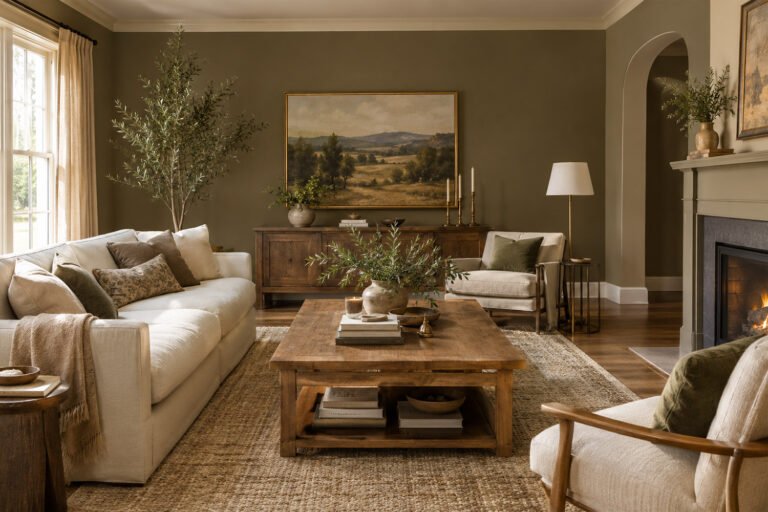 Elegant American living room with warm painted walls, cream sofa, natural wood furniture, and sophisticated neutral decor