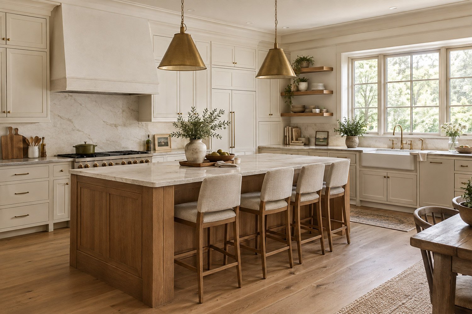 Modern American kitchen with warm white cabinets, natural oak island, stone countertops, brass hardware, pendant lights, and sophisticated neutral styling.