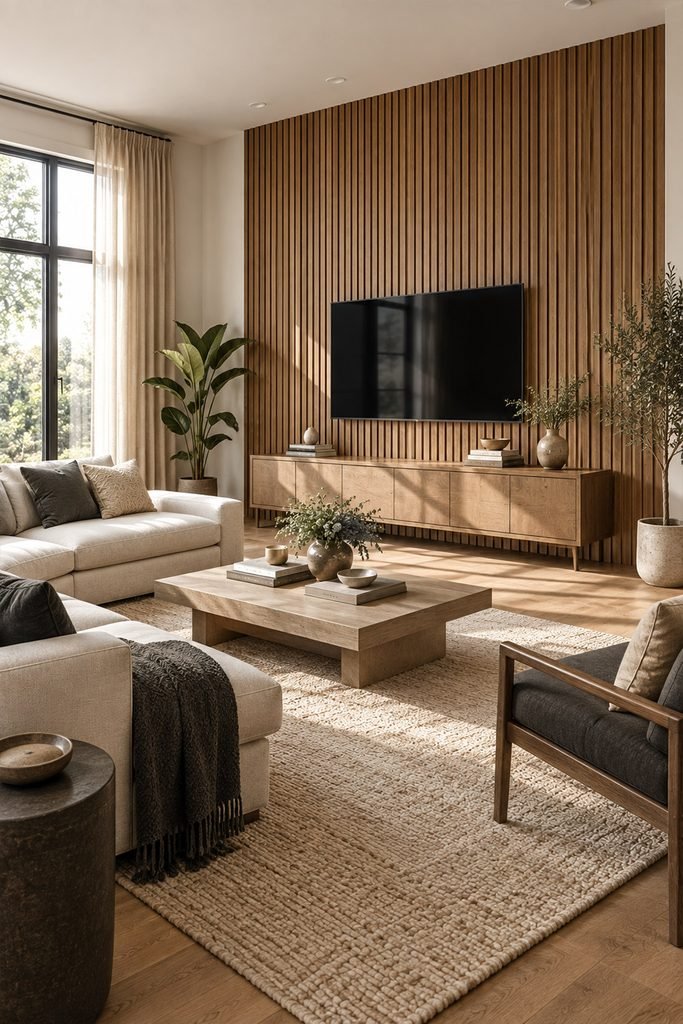 Natural oak vertical wood slat feature wall in a contemporary living room