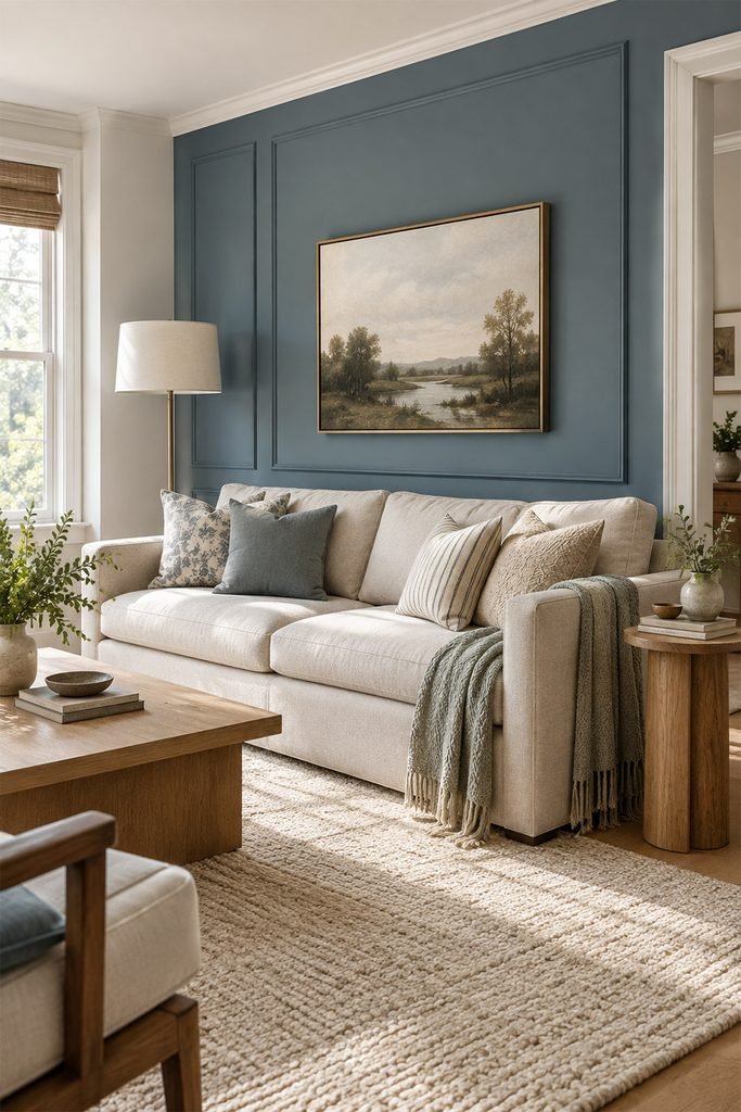 Dusty blue painted feature wall behind a neutral sofa in a stylish living room