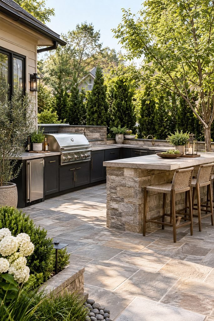 Stylish outdoor kitchen with built-in grill, stone countertop, cabinetry, and dining counter