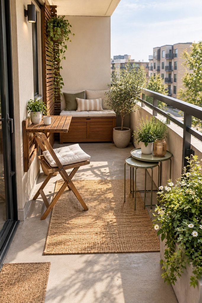 Flexible small apartment balcony with folding table, storage bench, plants, and open floor space