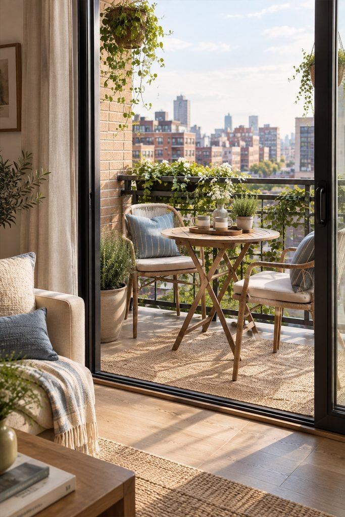 Small apartment balcony coffee nook with bistro table, two chairs, and plants