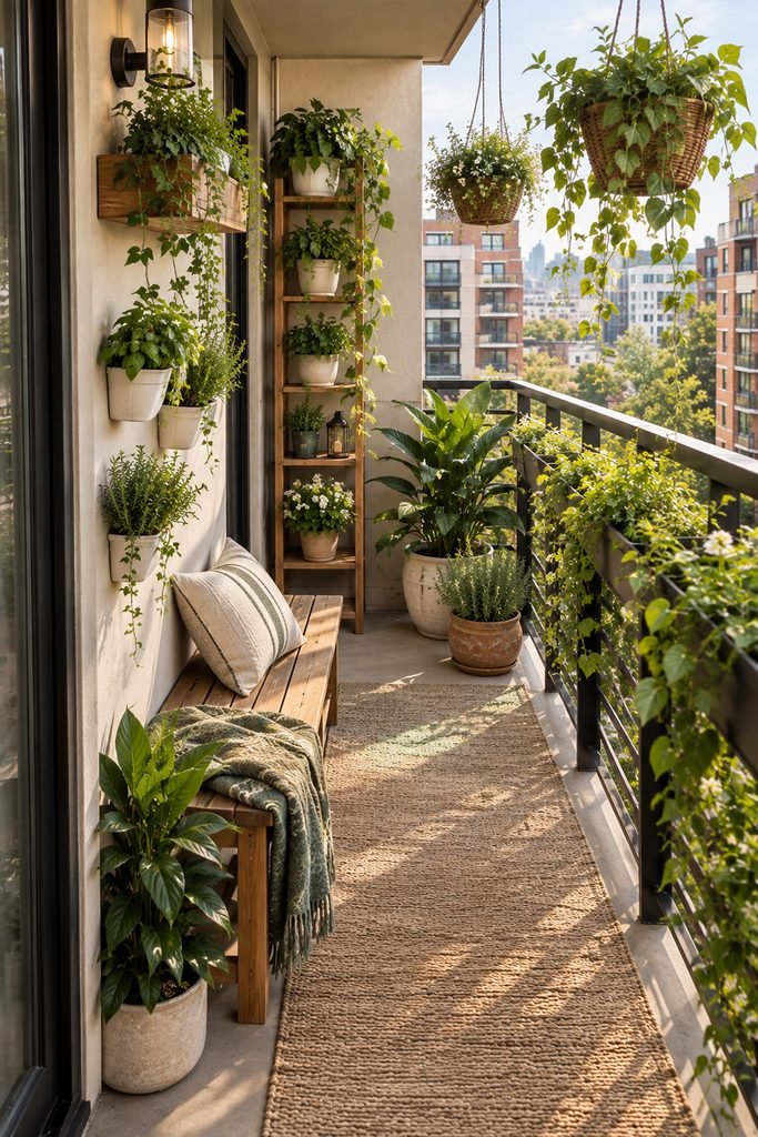 Apartment balcony vertical garden with hanging plants, wall planters, and compact bench