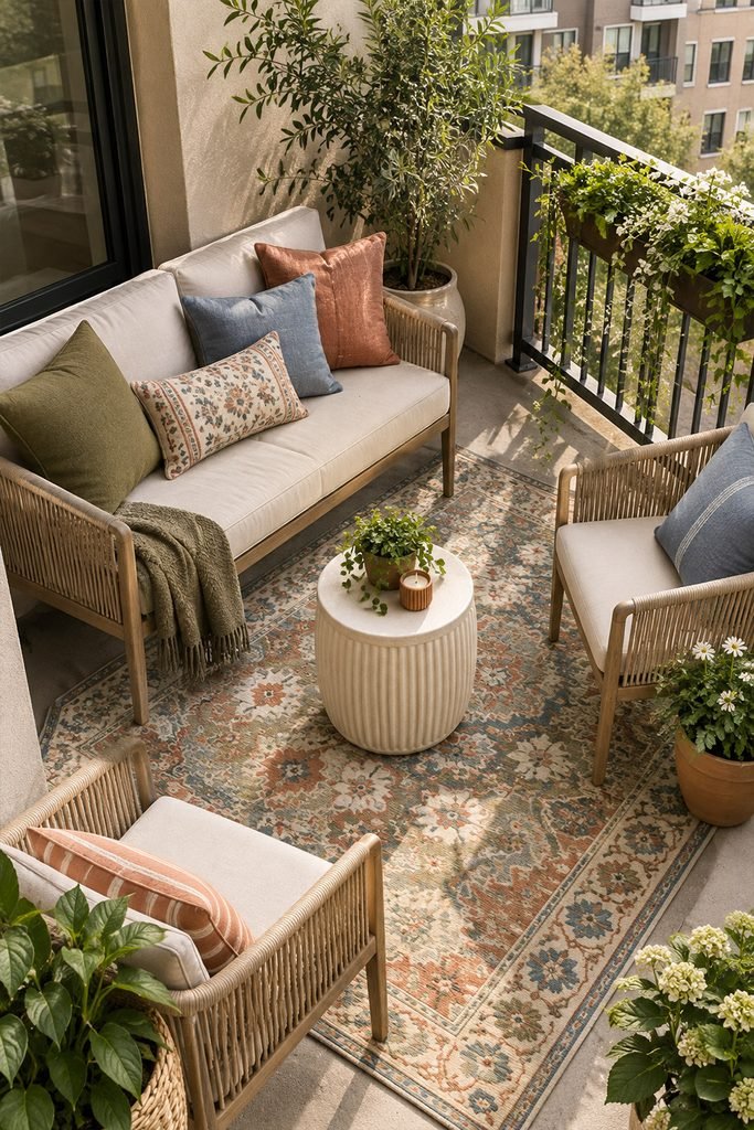 Colorful apartment balcony with patterned outdoor rug, cushions, neutral seating, and plants