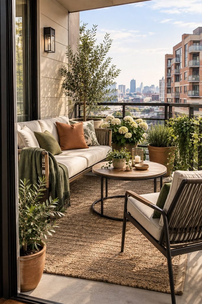 Cozy apartment balcony lounge with compact loveseat, chair, outdoor rug, and plants