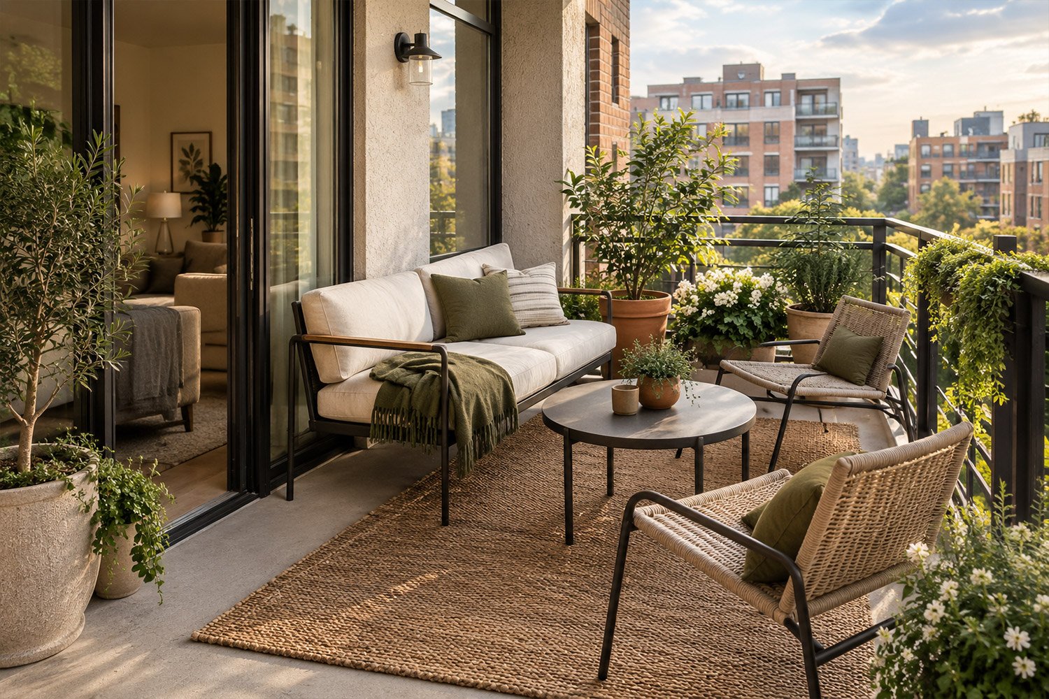 Stylish apartment balcony with compact seating, outdoor rug, plants, and modern decor