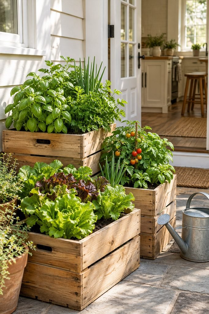 Repurposed wooden crates filled with herbs and vegetables beside a sunny kitchen door