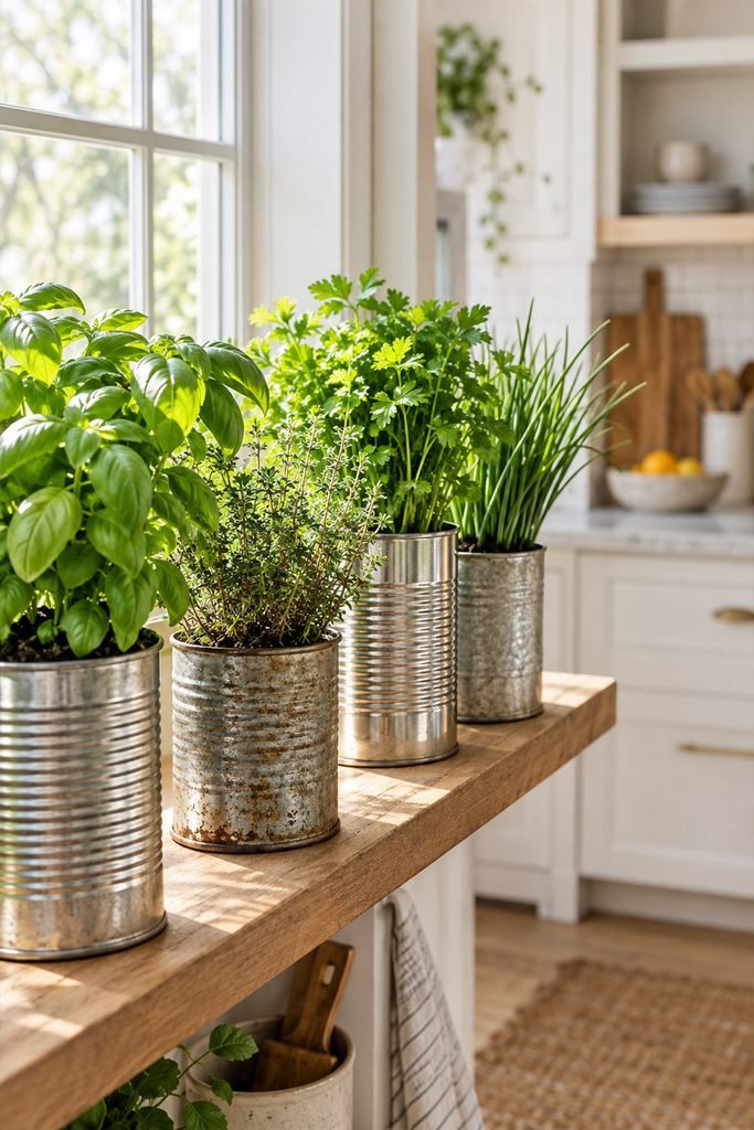Upcycled tin can herb garden with fresh herbs arranged on a wooden kitchen shelf