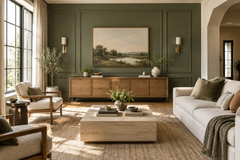 Sophisticated olive green feature wall with architectural molding in a modern American living room