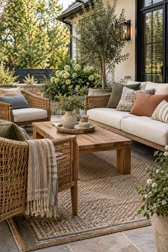 Layered outdoor rug and colorful cushions creating a cozy backyard patio seating area