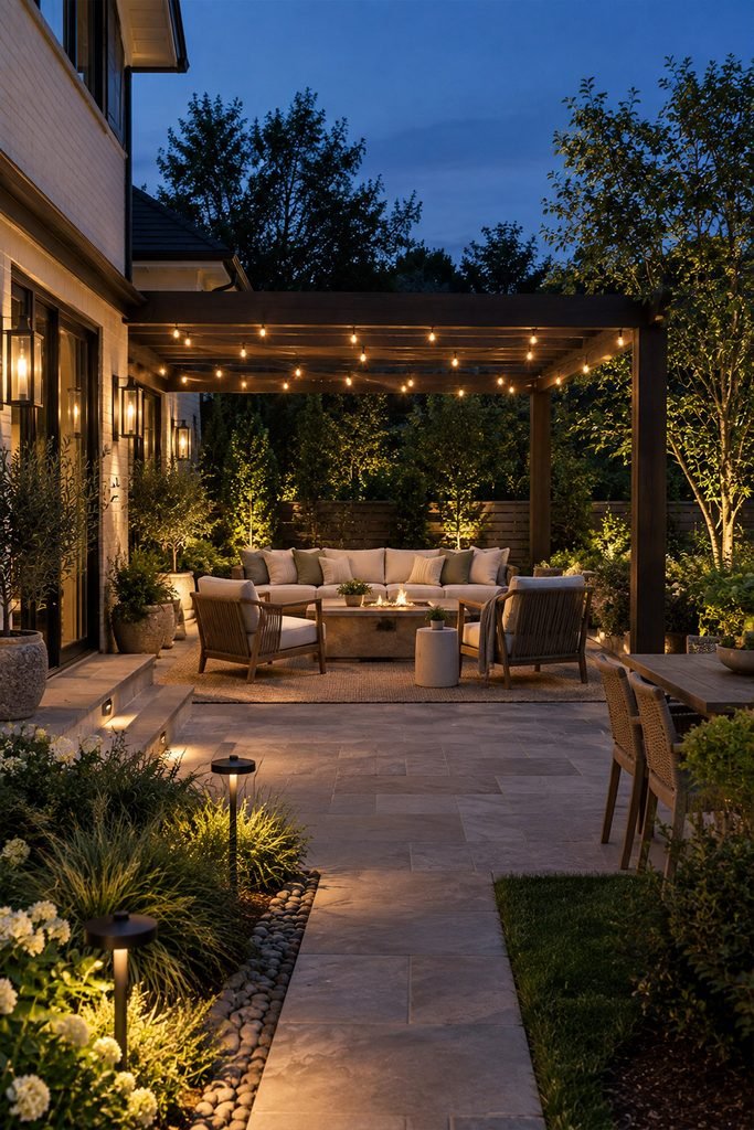 Layered evening lighting illuminating a stylish backyard patio with seating and garden landscaping