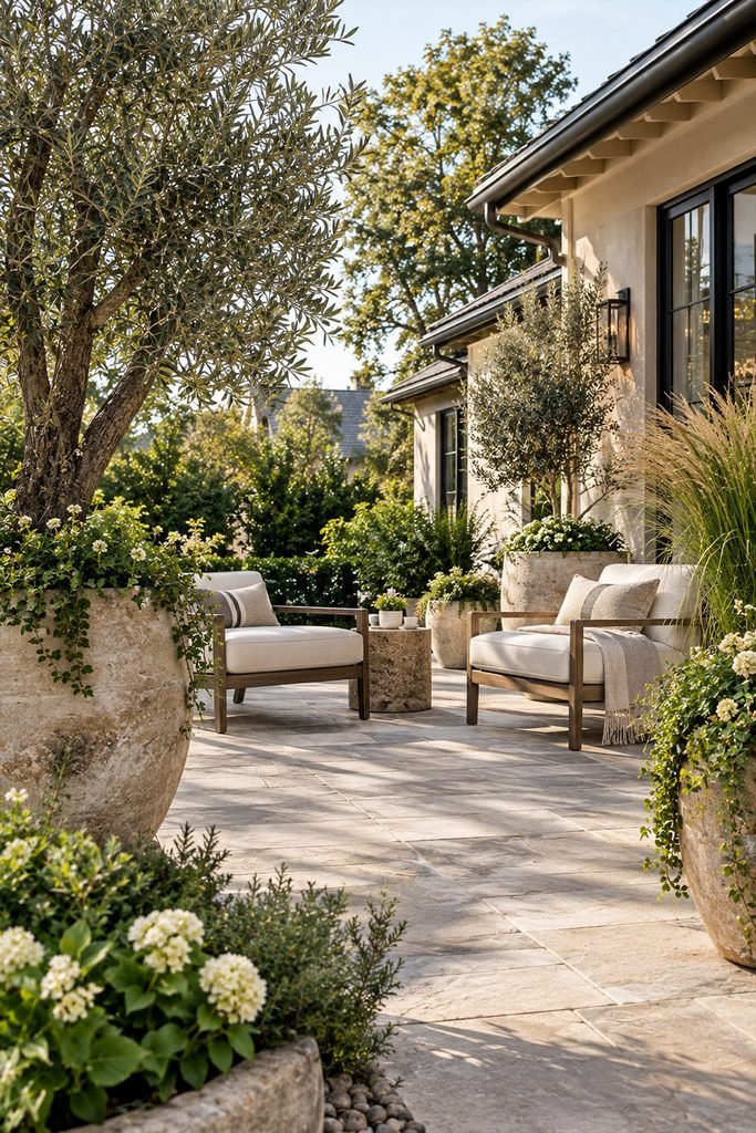 Large architectural planters and greenery surrounding a sophisticated backyard patio
