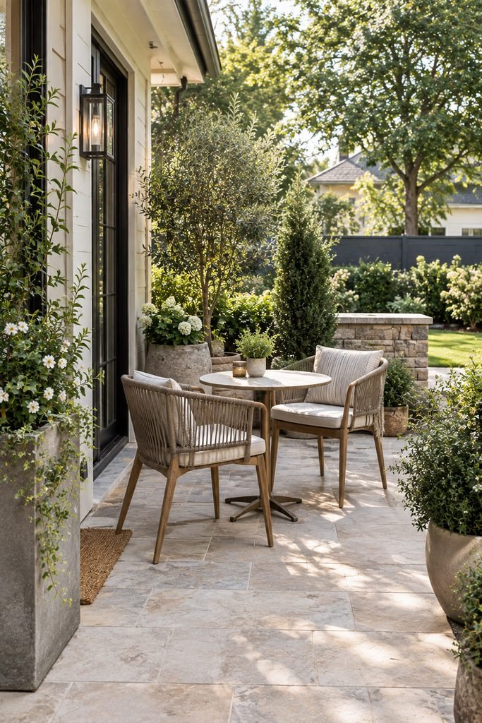 Compact backyard patio with bistro table, two chairs, plants, and space-saving design