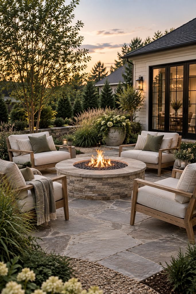 Modern backyard patio with built-in fire pit surrounded by comfortable outdoor lounge chairs