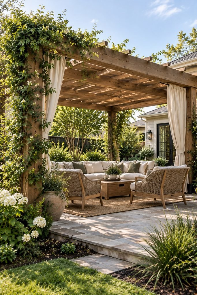 Natural wood pergola creating a shaded outdoor lounge area on a backyard patio