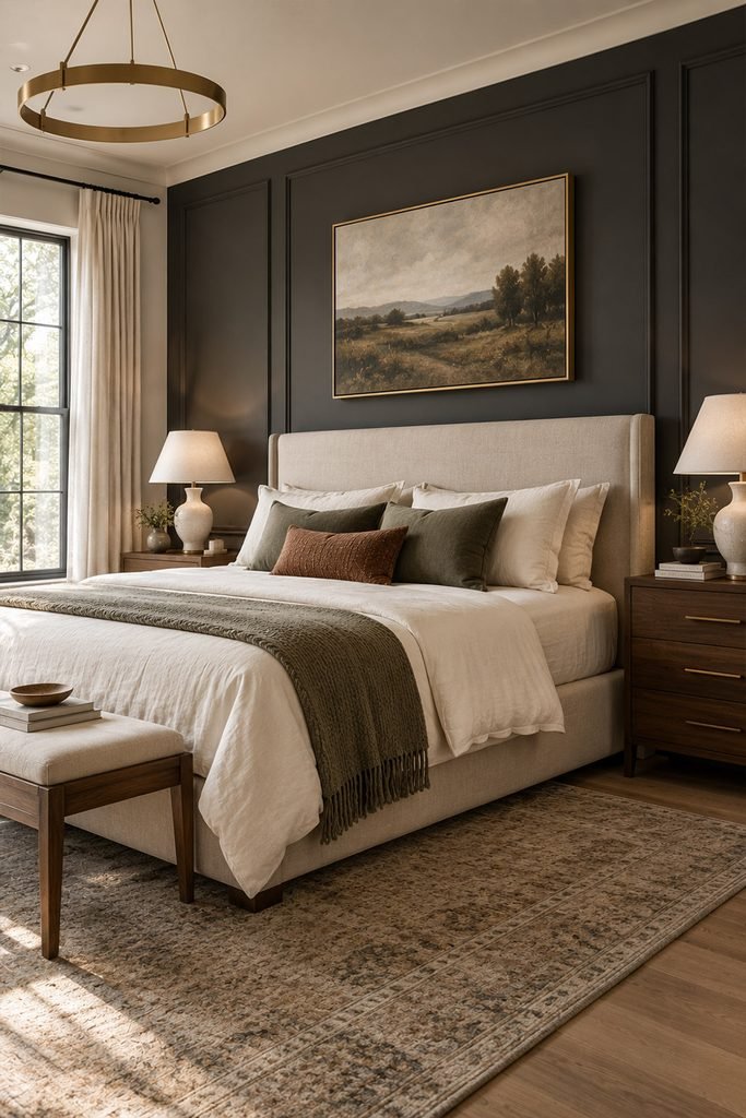 Charcoal statement feature wall framing an elegant bedroom with an upholstered bed
