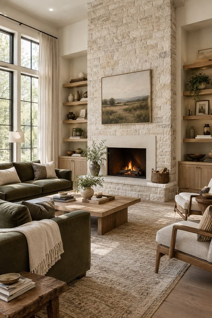 Full-height stone fireplace feature wall in an elegant American living room