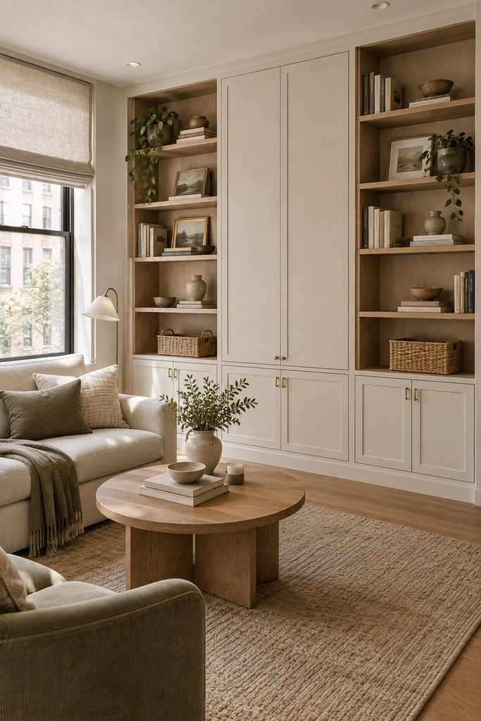 Floor-to-ceiling storage feature wall with open shelving in a small apartment living room