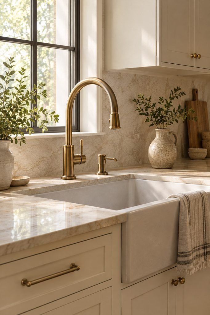 Aged brass gooseneck faucet above a deep kitchen sink with cream cabinetry, stone countertop, and neutral backsplash.