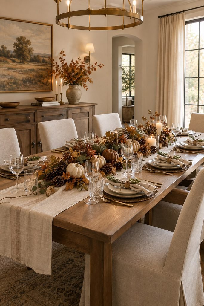 Layered Thanksgiving dining table with pumpkins, foliage, and linen details